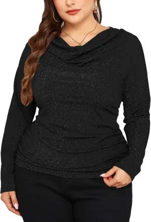 ZOMVA Plus Size 0X-4X Sparkly Glitter Ruched Tops Cowl Neck Sparkle Sequin Shirts with Side Shirring Cocktail Party Outfits