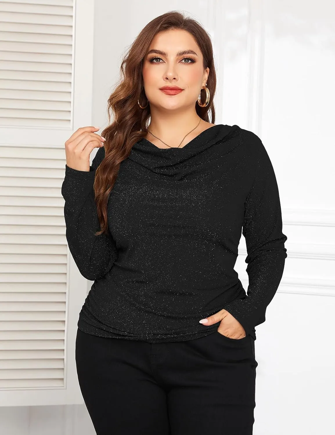 ZOMVA Plus Size 0X-4X Sparkly Glitter Ruched Tops Cowl Neck Sparkle Sequin Shirts with Side Shirring Cocktail Party Outfits