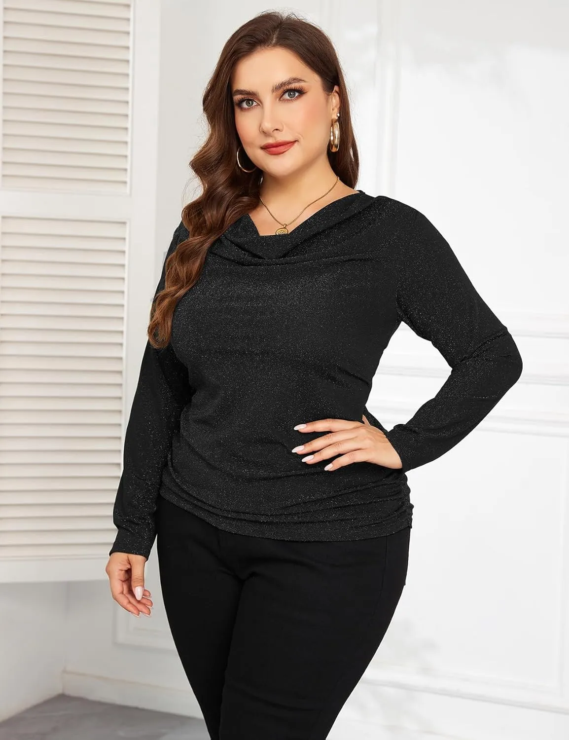 ZOMVA Plus Size 0X-4X Sparkly Glitter Ruched Tops Cowl Neck Sparkle Sequin Shirts with Side Shirring Cocktail Party Outfits