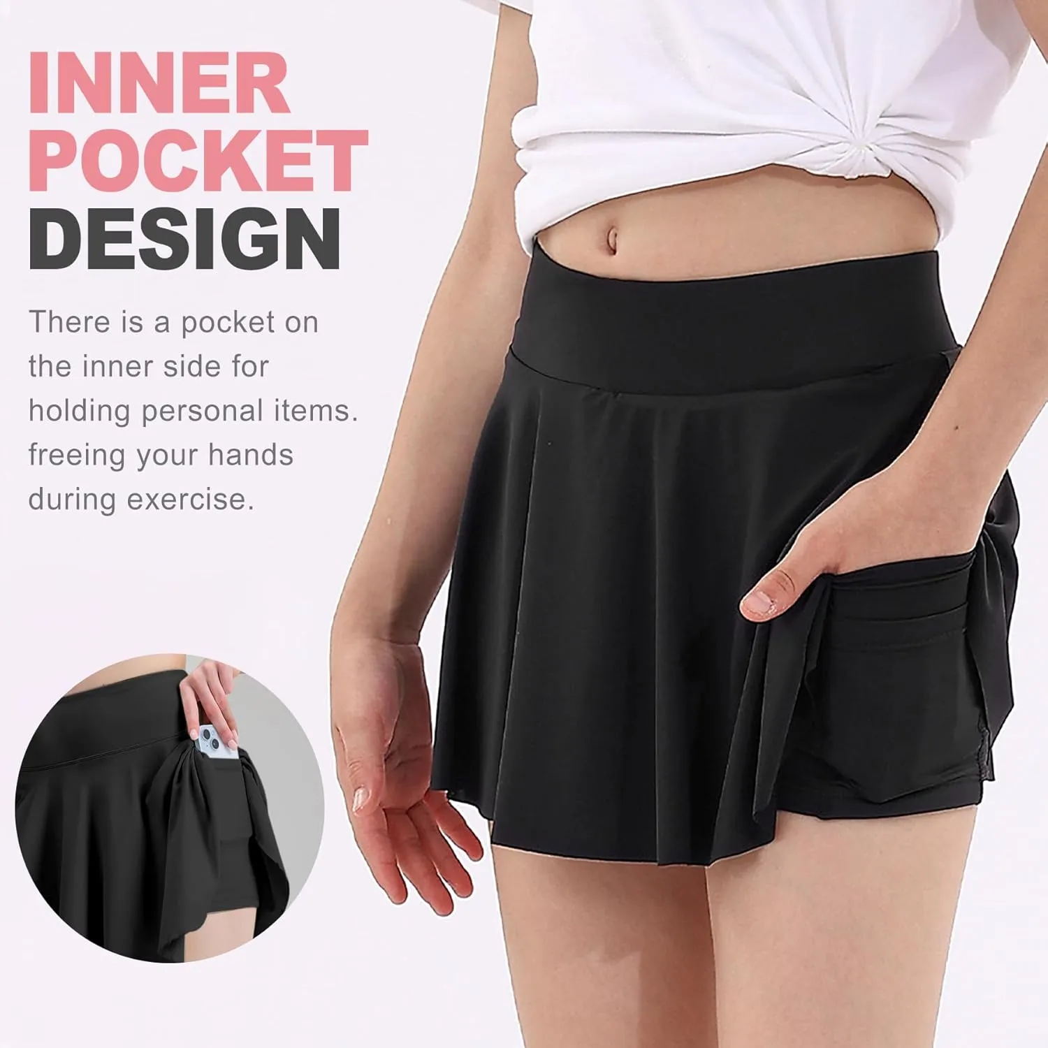 ZukoCert Girls Athletic Skort, Tennis Skirt for Girls with Spandex Shorts, Lightweight Kids Black Tennis Skirts with Pockets