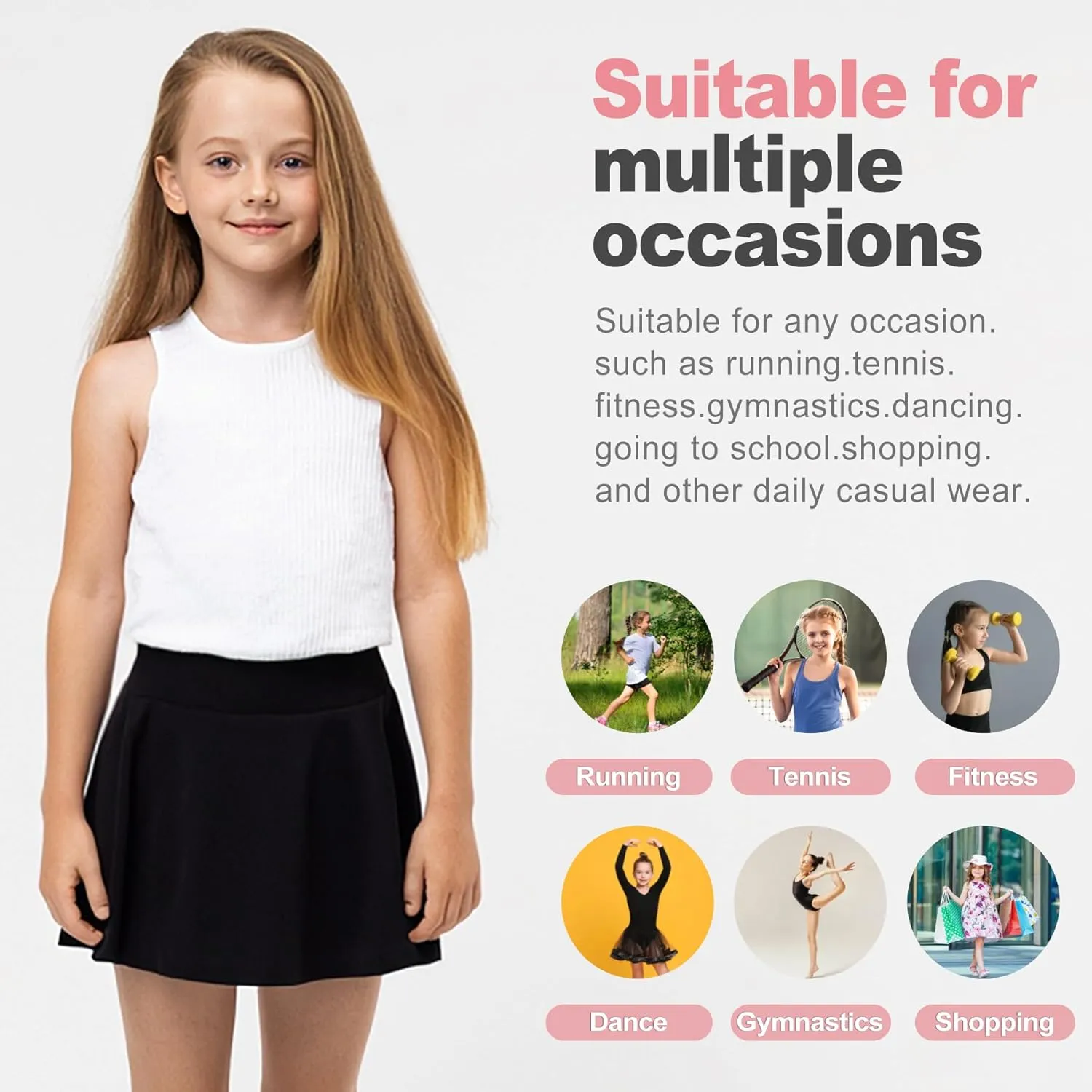 ZukoCert Girls Athletic Skort, Tennis Skirt for Girls with Spandex Shorts, Lightweight Kids Black Tennis Skirts with Pockets
